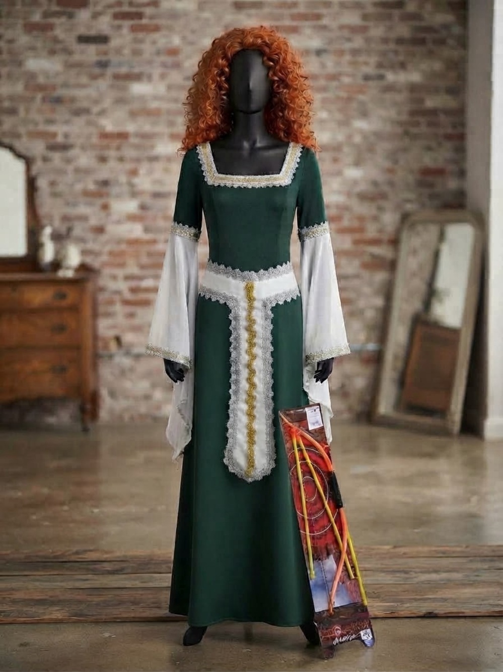 Merida from Brave Emerald Green Medieval Lace-Trim Dress with Ivory Sleeves